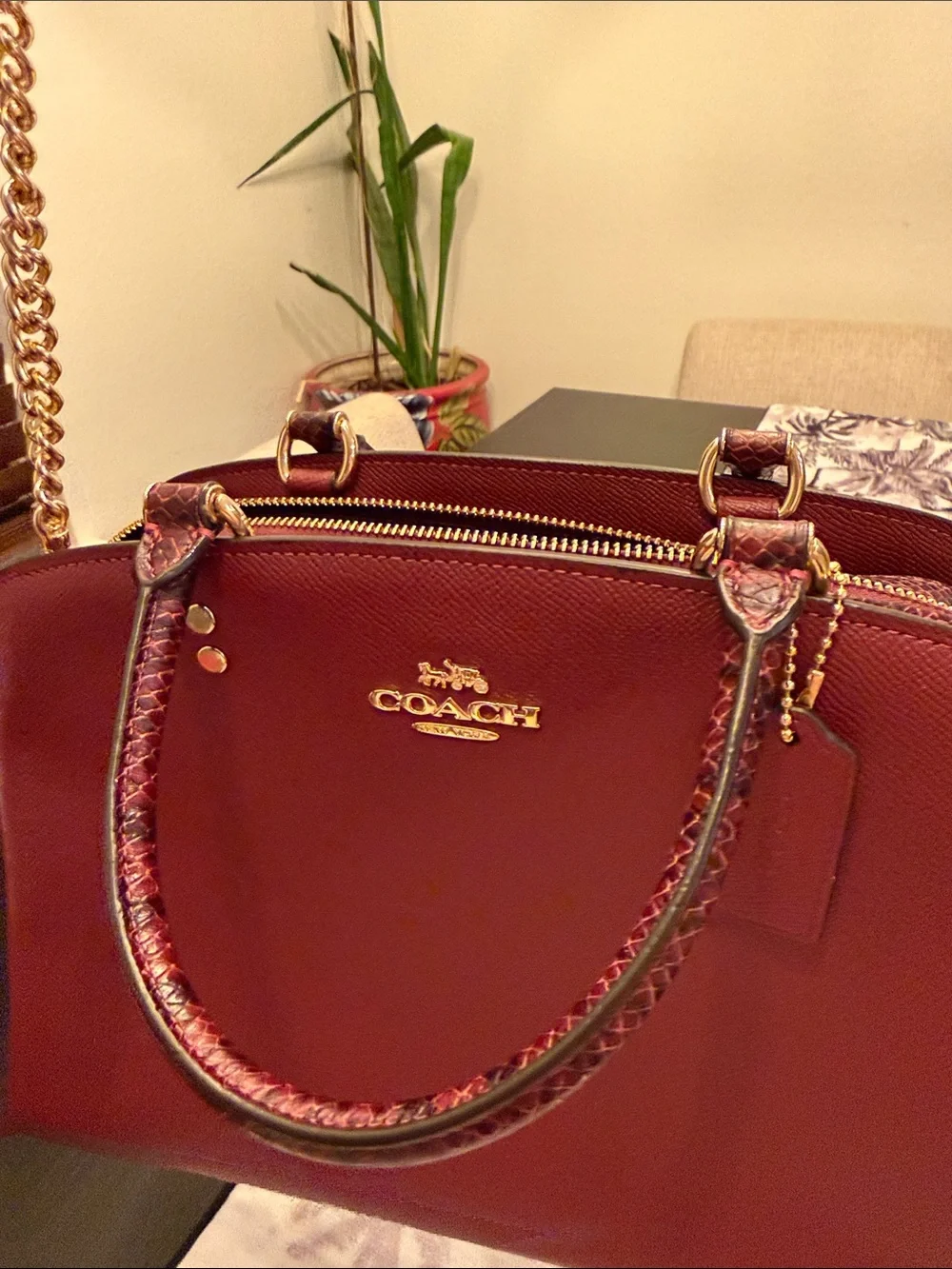 Coach Burgundy Leather Satchel with Gold Chain Strap